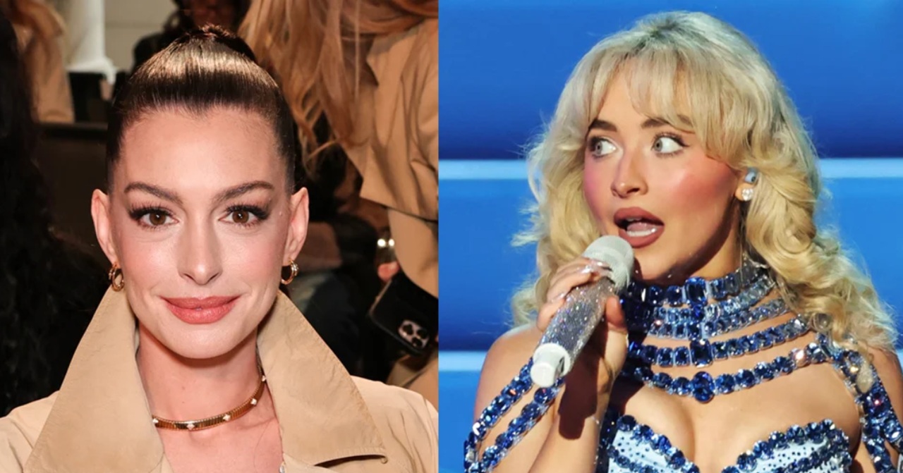 Anne Hathaway smiles as Sabrina Carpenter playfully “arrests” her during MSG concert.