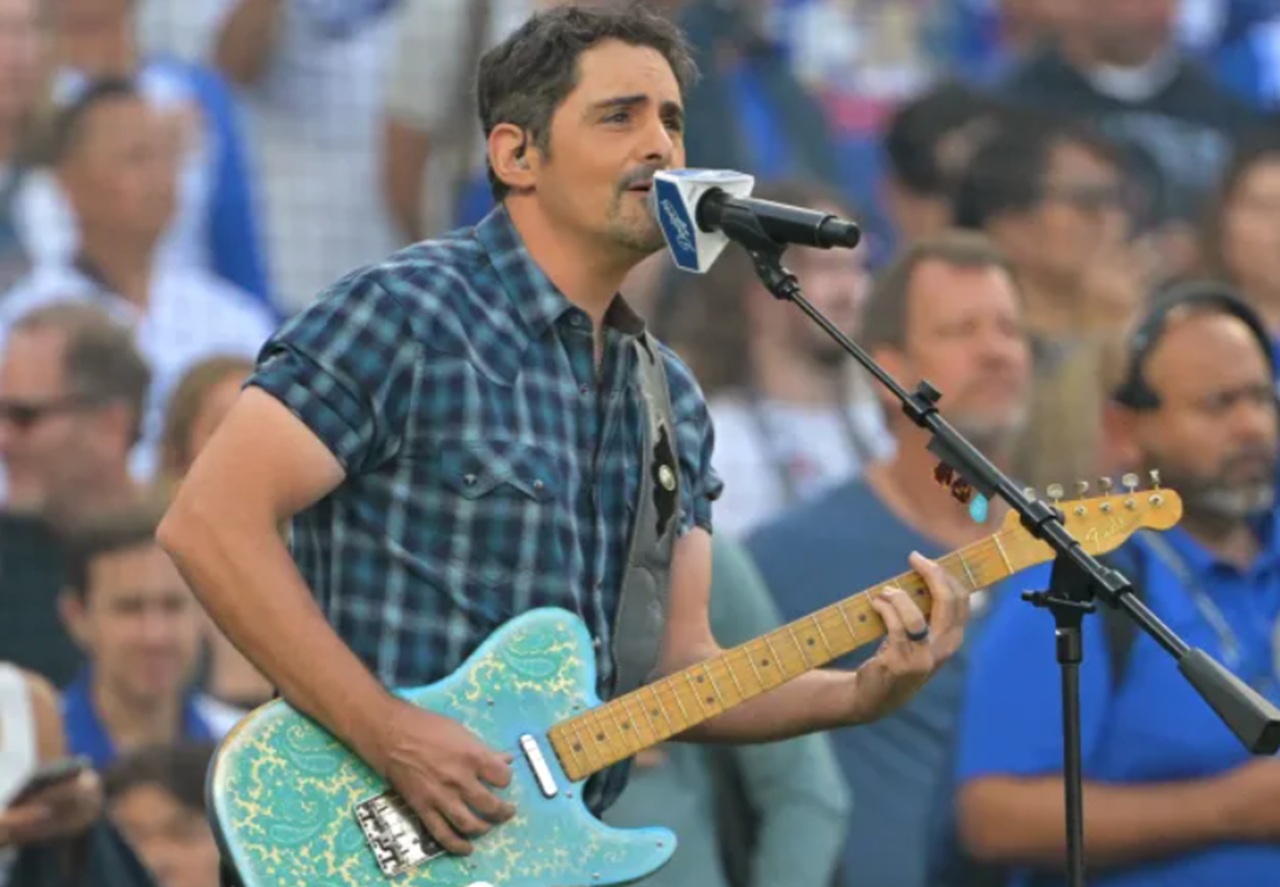 Brad Paisley singing the national anthem before Dodgers vs. Blue Jays Game 3 at Dodger Stadium.