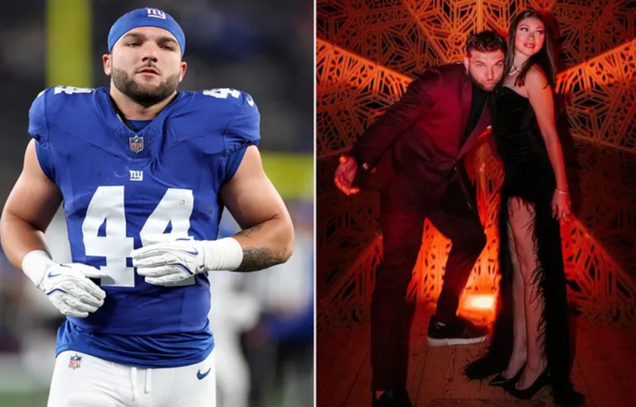 Cam Skattebo and Chloe Rodriguez pose together at MetLife Stadium.