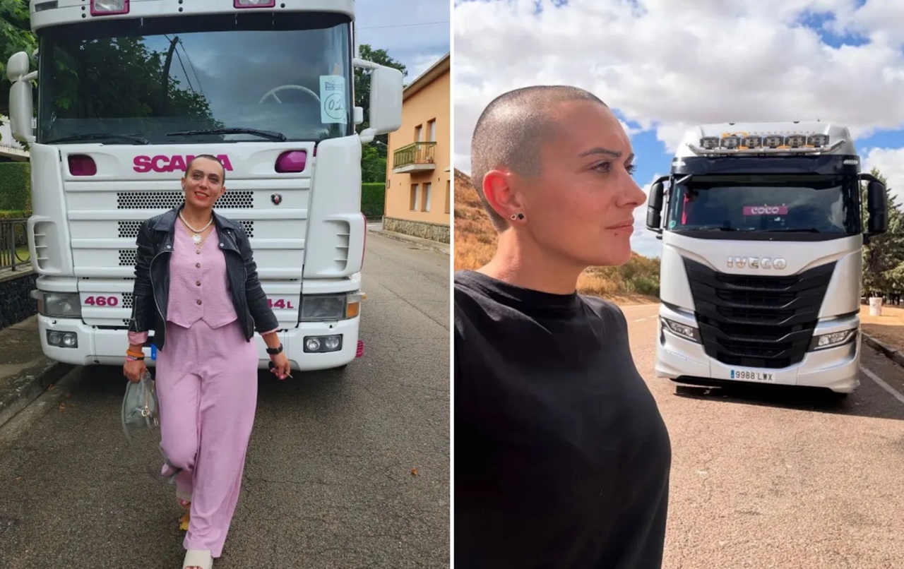 Coco Trucker Girl Oti Cabadas posing with her truck at a Spanish event.
