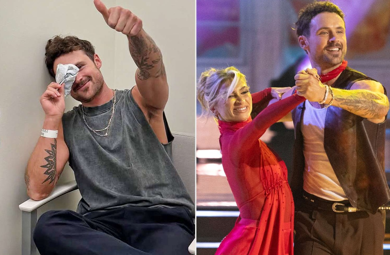 Dylan Efron rehearsing with Daniella Karagach, showing minor injury recovery.