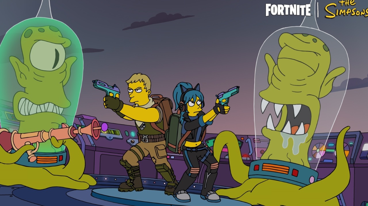 Fortnite Simpsons live event teaser featuring Jonesy and Hope with Kang and Kodos.