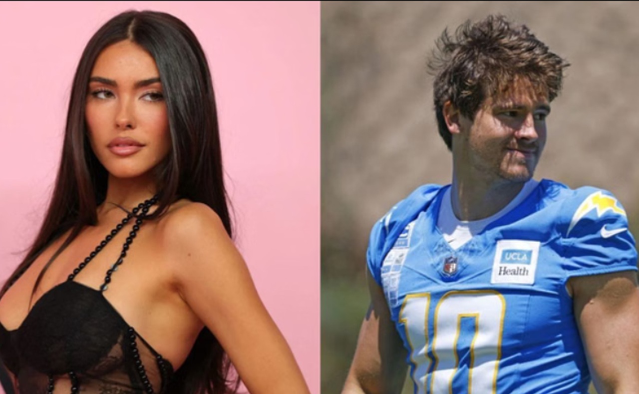 Madison Beer in plaid skirt and glasses supporting Justin Herbert during Chargers game.