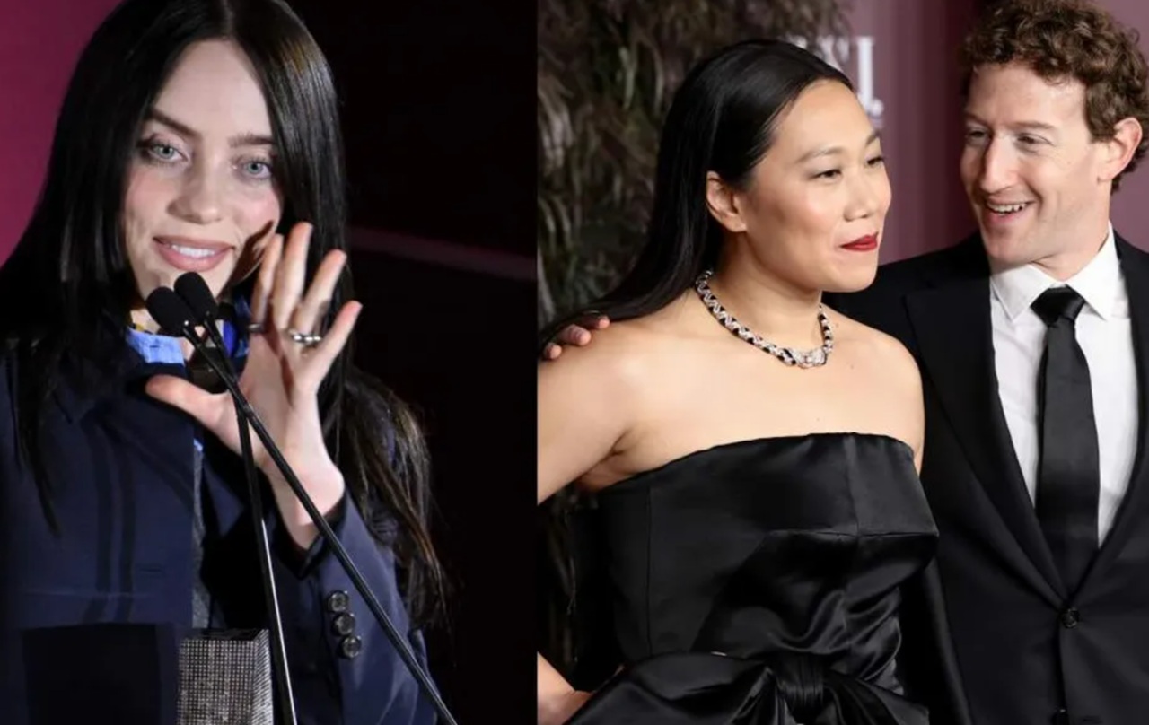 Billie Eilish speaking on stage at WSJ Innovator Awards 2025 with Mark Zuckerberg in audience.