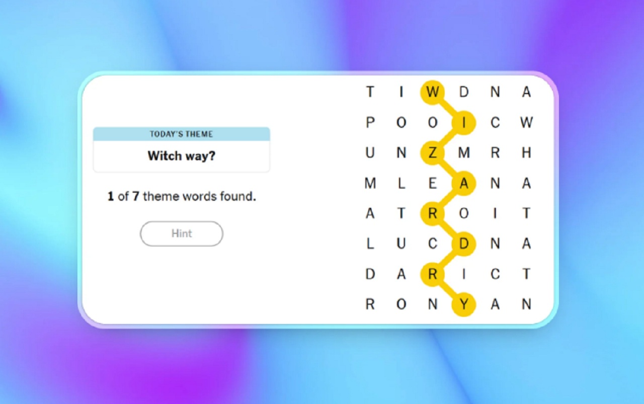 NYT Strands puzzle grid with magical theme words and Spangram WIZARDRY.
