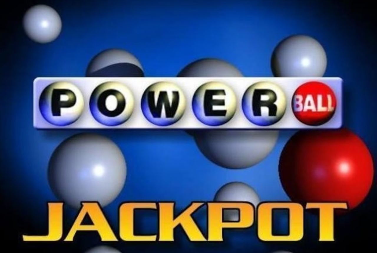 Powerball lottery ticket with drawing machine and numbered balls.