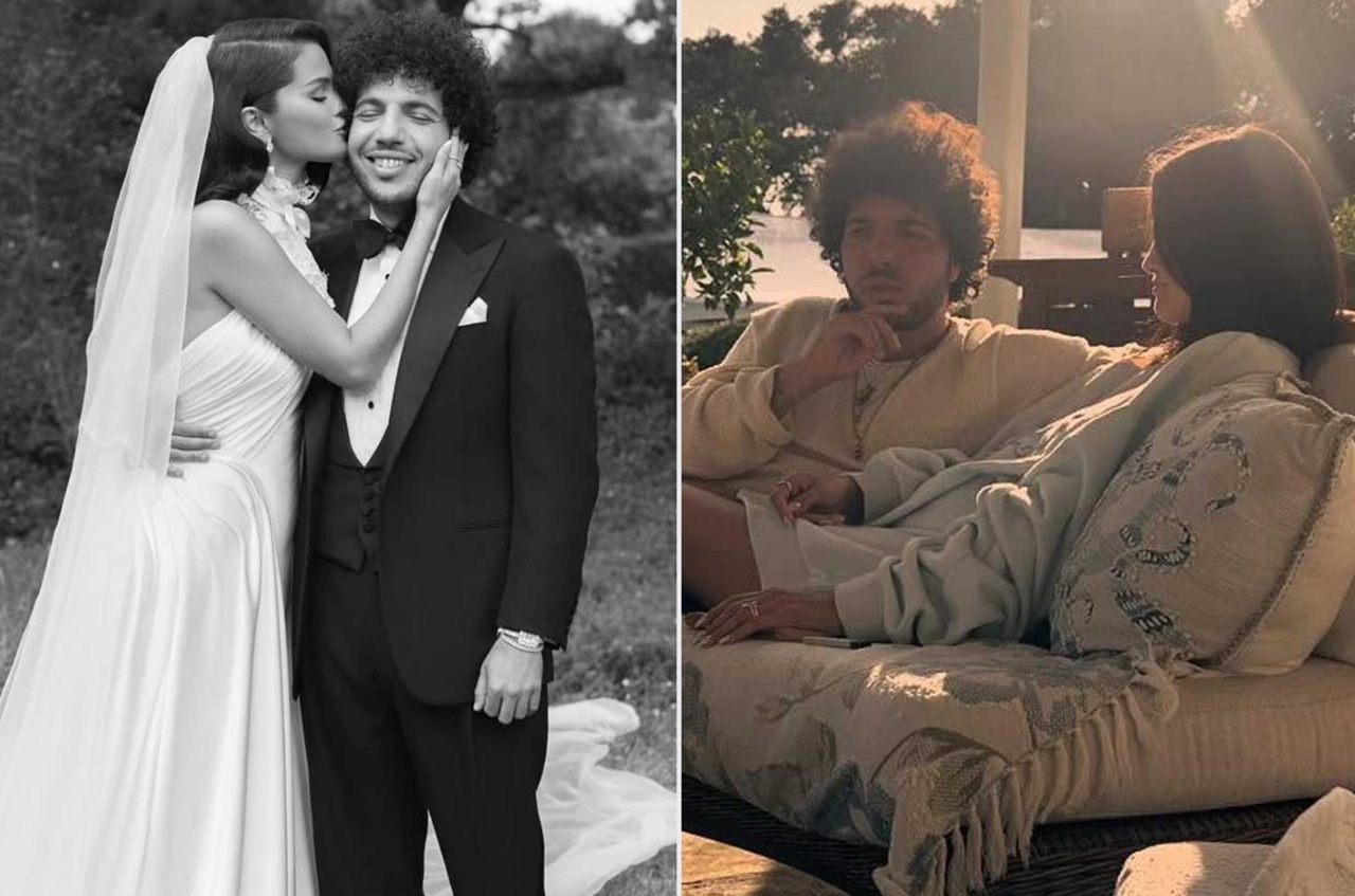 Selena Gomez and Benny Blanco smiling in new married life photos.