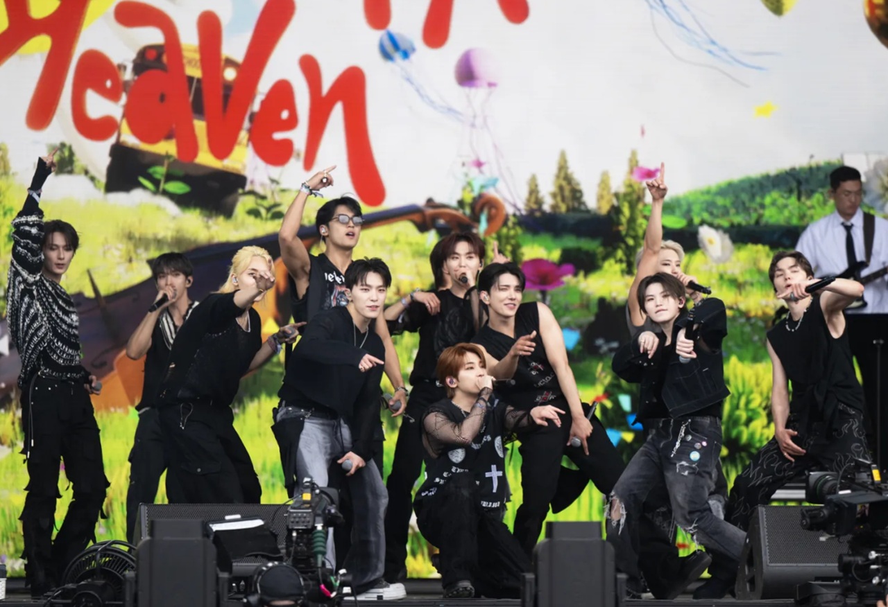 Seventeen performing at BMO Stadium Los Angeles during their New World Tour.