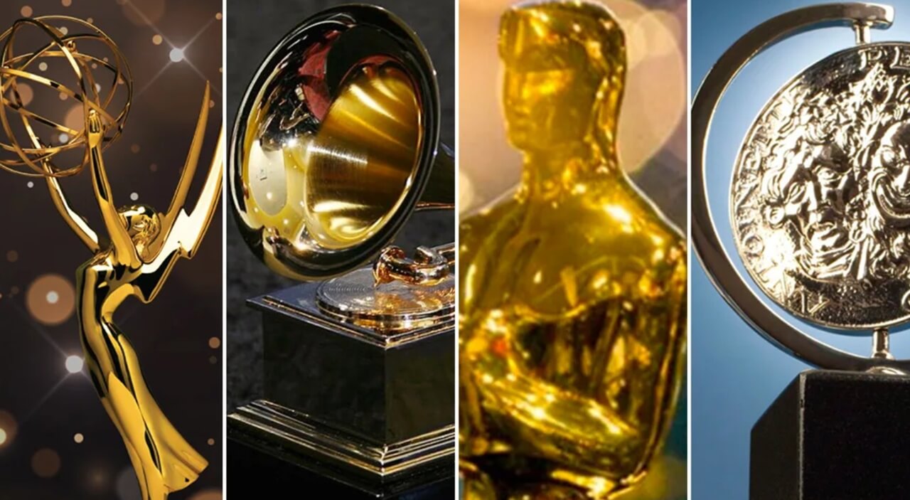 Red carpet spotlight with Oscars, Grammys, and Emmys logos representing the 2025–26 awards season calendar.