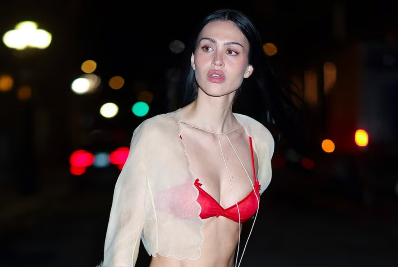 Amelia Gray wearing black-and-white lace lingerie at Fruity Booty’s London pop-up