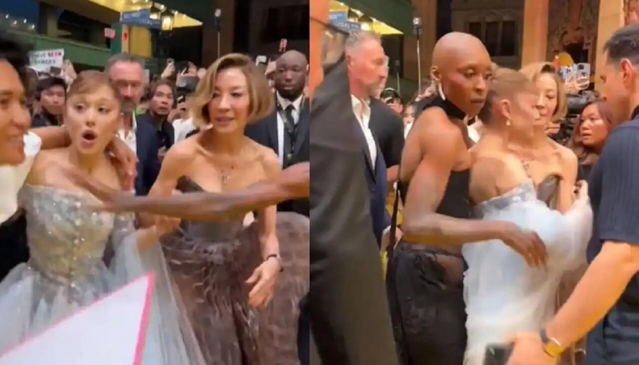 Ariana Grande on the yellow carpet at the Wicked: For Good premiere in Singapore, moments before the shocking incident.