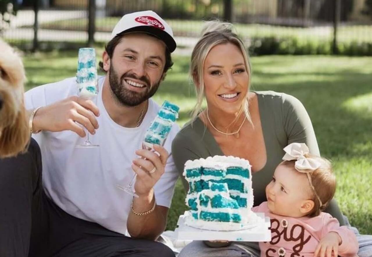 Baker Mayfield, Emily Mayfield, and daughter Kova reveal second child news.