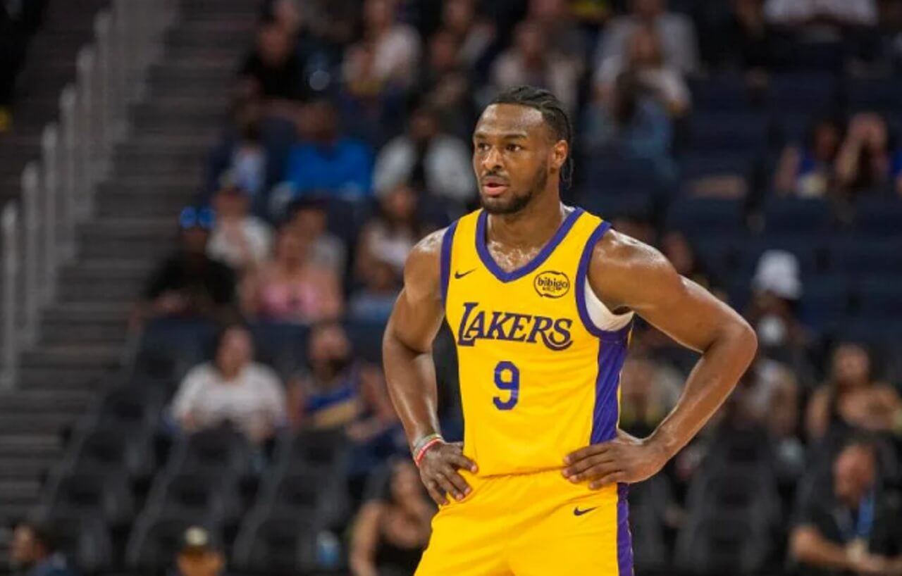 Bronny James in Lakers uniform during his second NBA start, scoreless but part of a shocking team win over the Bucks.