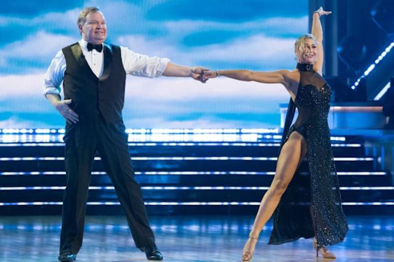 Andy Richter rehearsing for Dancing With the Stars alongside his partner Emma Slater.