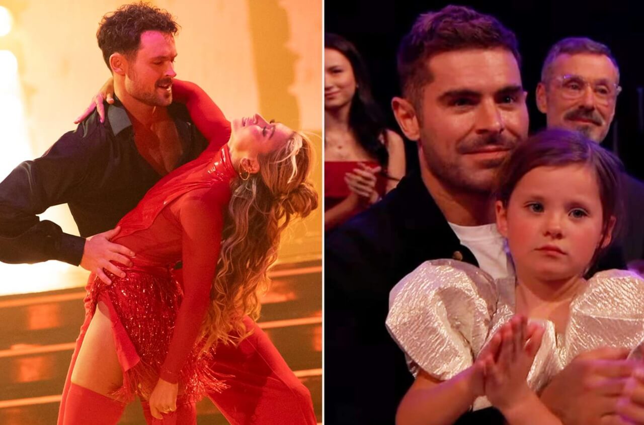 Dylan Efron dancing with Daniella Karagach during Dancing with the Stars semifinal round.