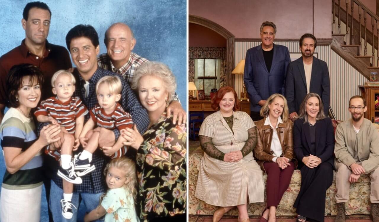 Everybody Loves Raymond cast sitting together on the recreated Barone family set.
