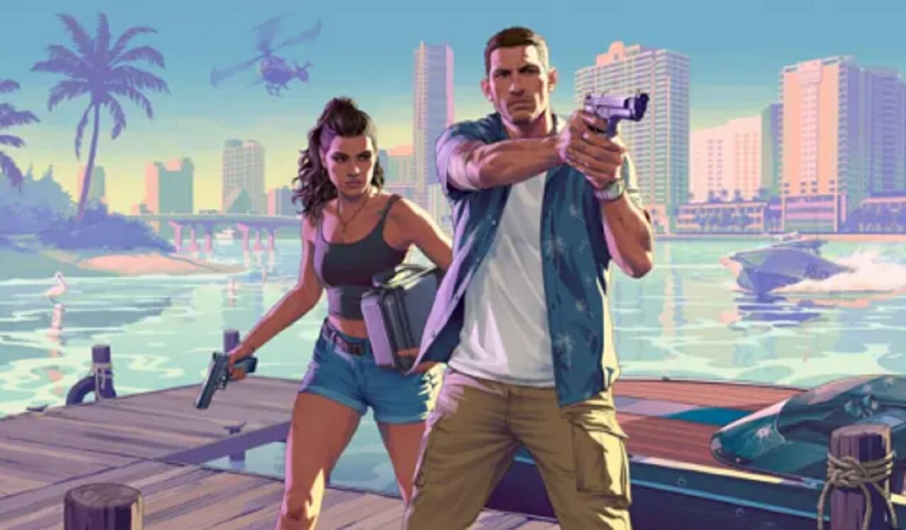 Rockstar Games logo with city backdrop, representing GTA 6 delay announcement.