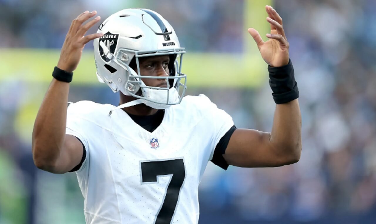 Geno Smith exits field after quad injury in Raiders’ loss to Broncos.