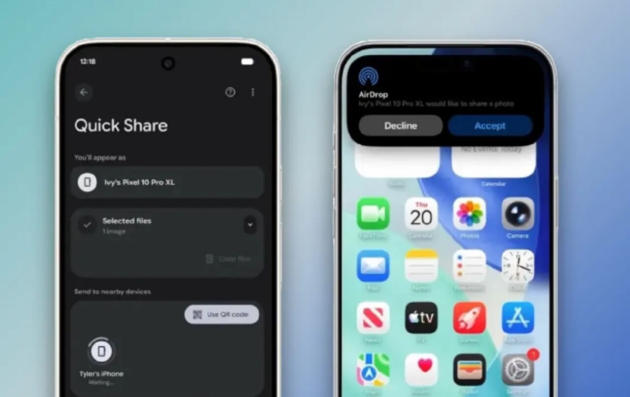 Google Pixel 10 smartphone showcasing new AirDrop file sharing feature with an iPhone.