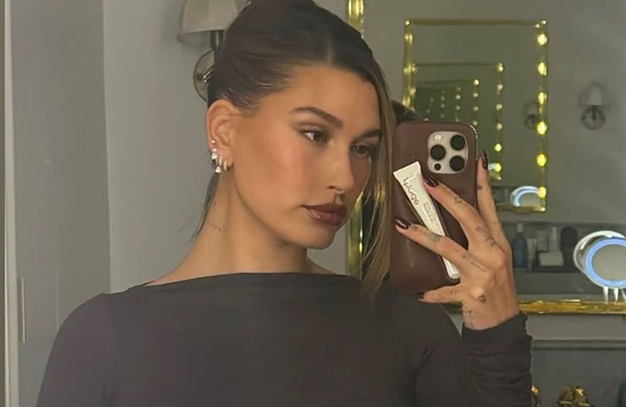 Hailey Bieber mirror selfie in black dress