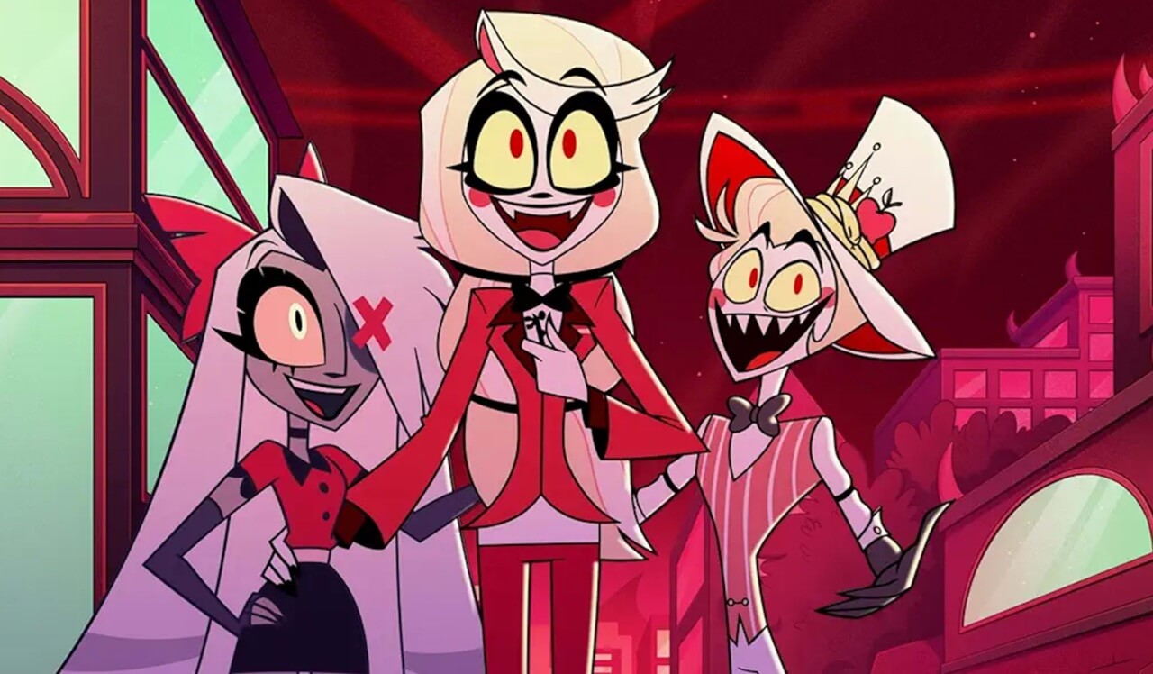 Hazbin Hotel Season 2 Episode 5 still showing Vox rally scene.