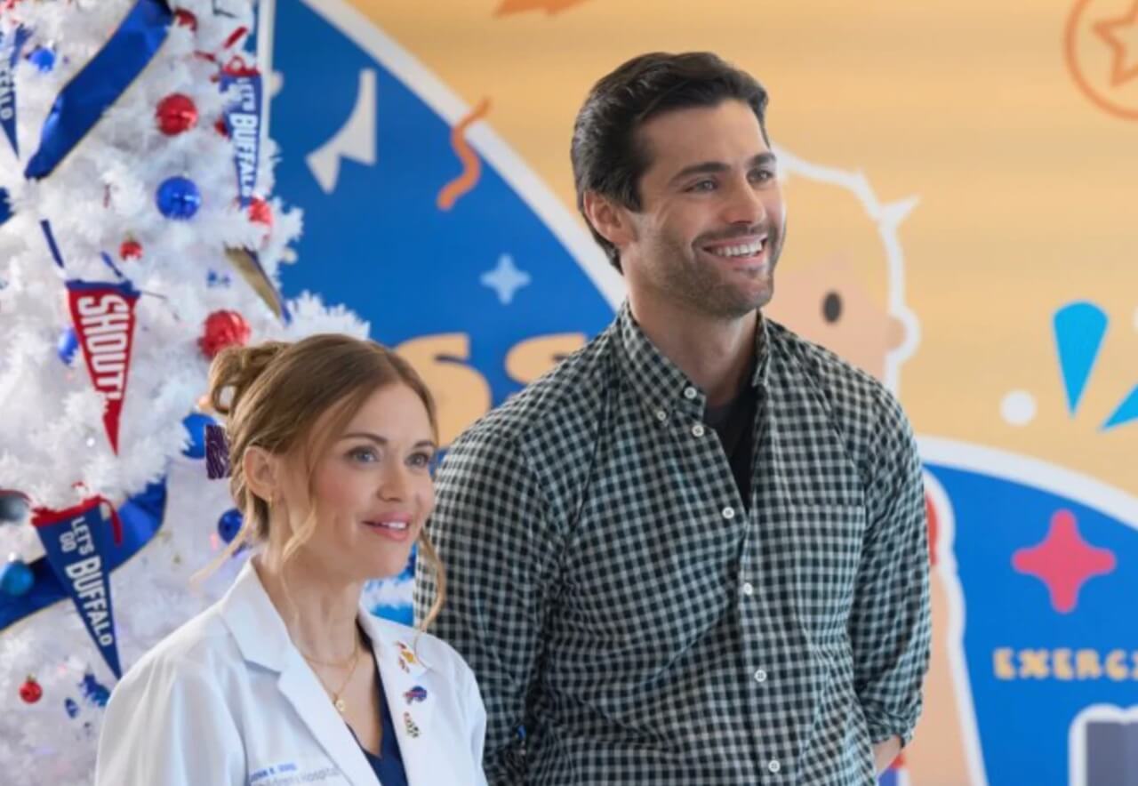 Holland Roden and Matthew Daddario in Hallmark’s Holiday Touchdown movie.