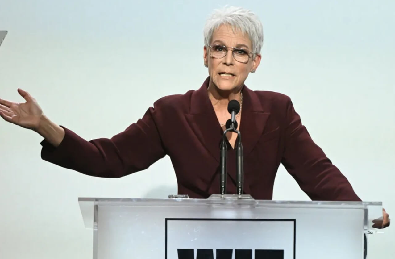 Jamie Lee Curtis accepts Jane Fonda Humanitarian Award at Women in Film Honors 2025.