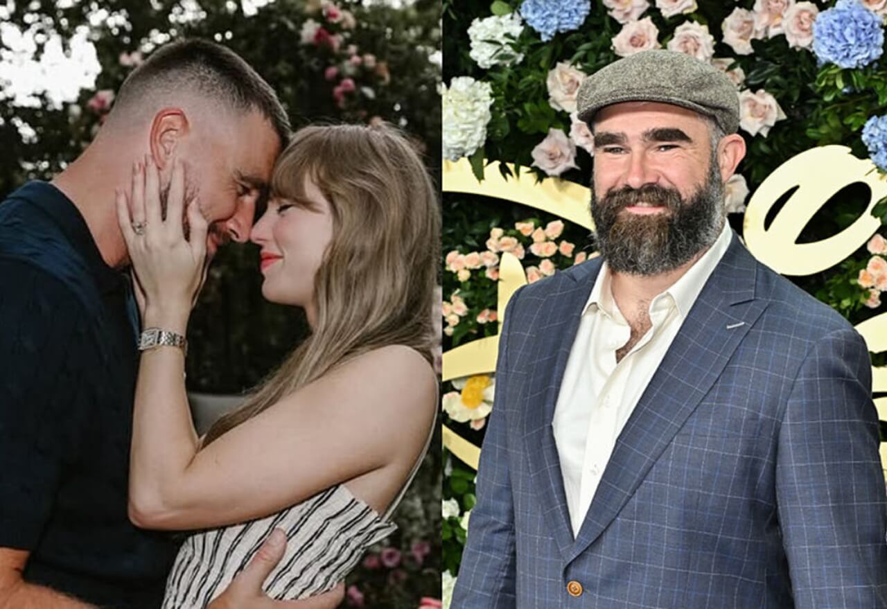 Jason Kelce speaking on the New Heights podcast while discussing Taylor Swift and Travis Kelce