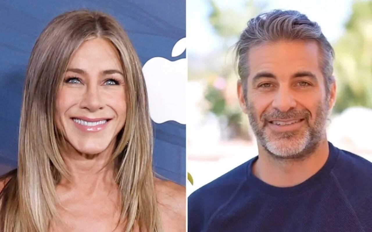 Jennifer Aniston with boyfriend Jim Curtis in black-and-white Instagram post.