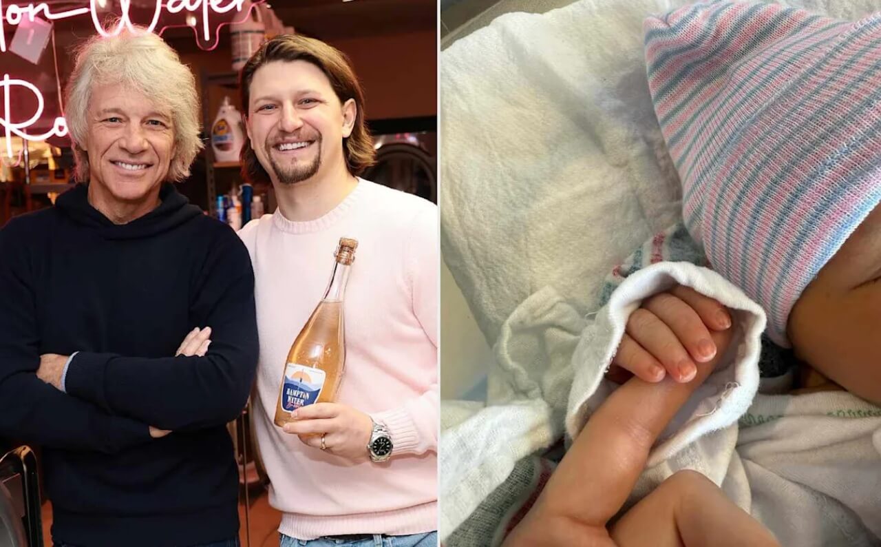 Jon Bon Jovi with son Jesse Bongiovi and a photo of newborn granddaughter Blair Lucy Bongiovi.