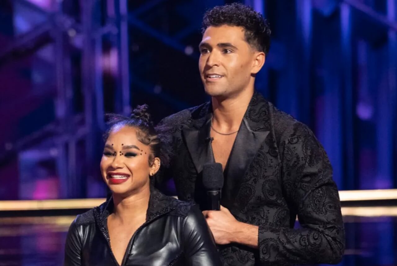 Jordan Chiles and Ezra Sosa dancing on Dancing with the Stars stage, earning perfect 10s.