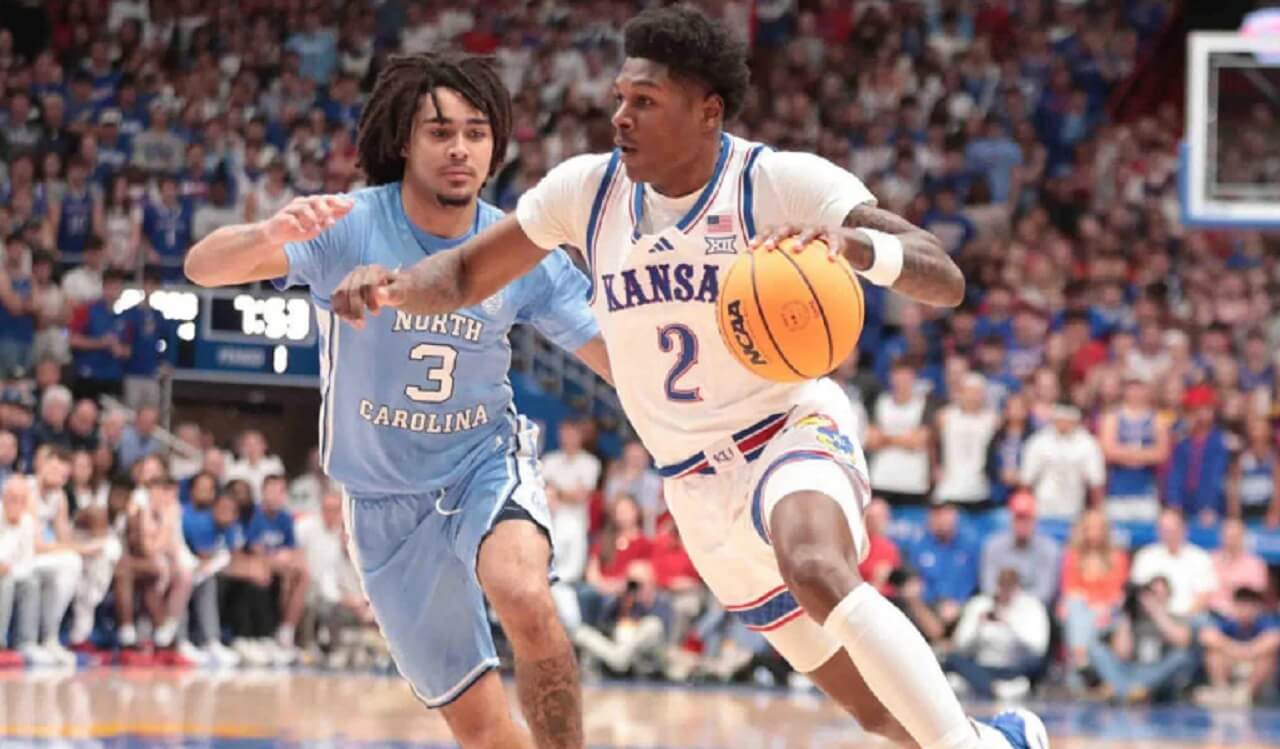 Kansas vs. North Carolina players warming up before tip-off in Chapel Hill.