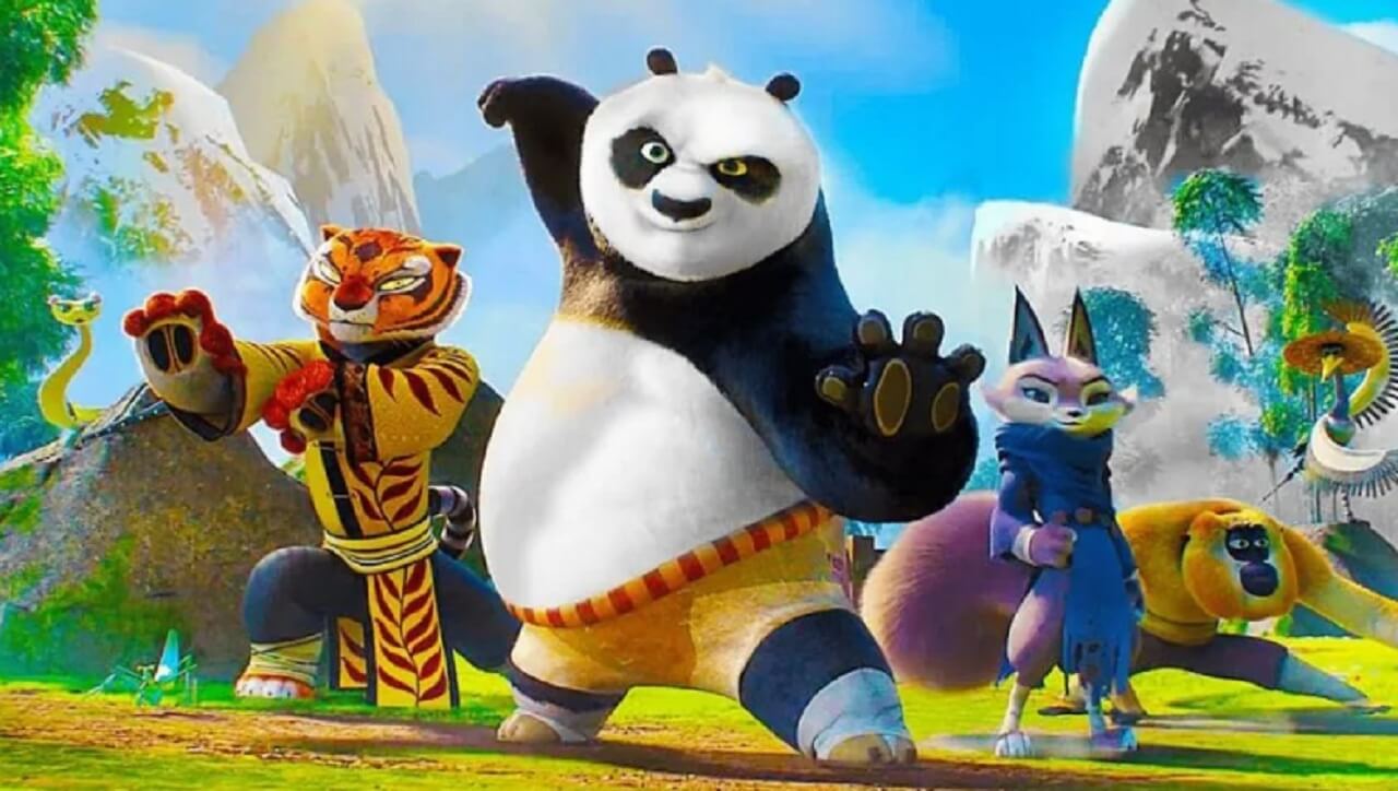 Kung Fu Panda’s Po standing heroically with the Furious Five, teasing the 2027 release of Kung Fu Panda 5.