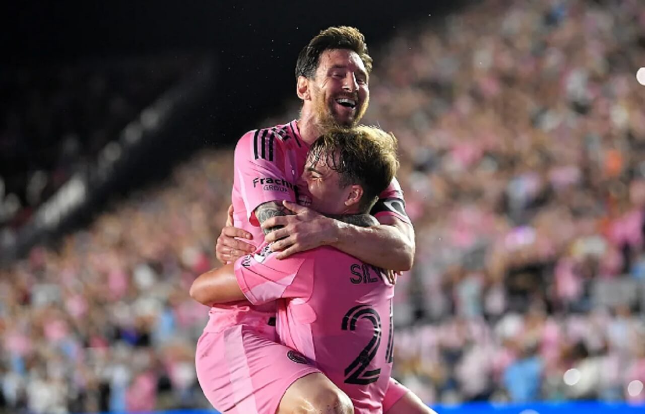 Lionel Messi celebrates goal in Inter Miami’s playoff win over Nashville SC.
