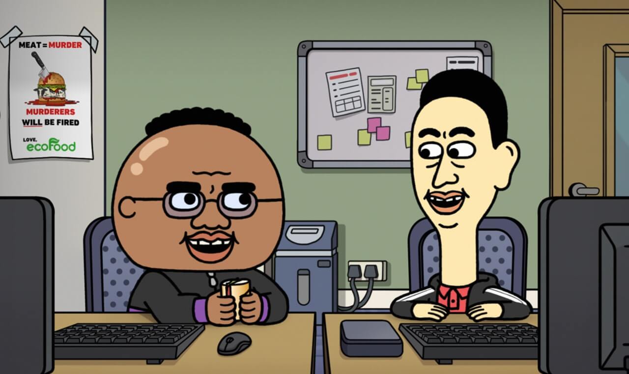 Promotional image of Living the Dream animated characters Des and Ray in London office setting.