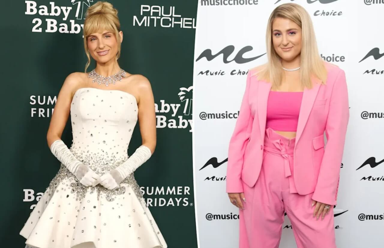 Meghan Trainor wearing a white strapless gown with long gloves at the Baby2Baby Gala 2025.