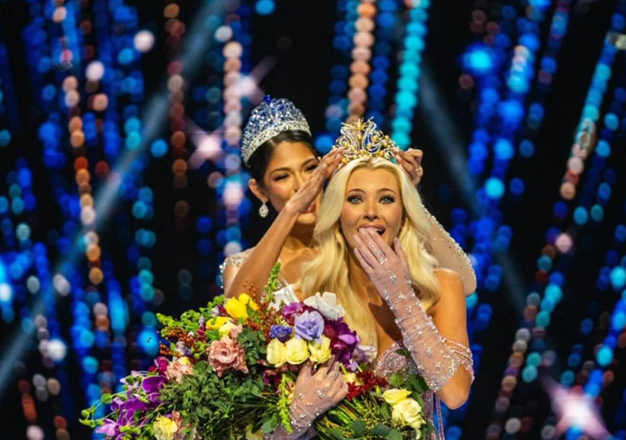 Miss Universe 2025 contestants on stage during rehearsals.