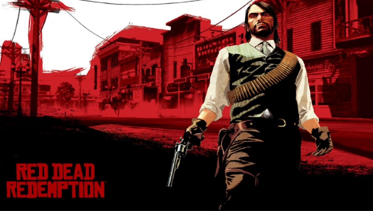 Red Dead Redemption mobile screenshot showing John Marston riding across the frontier, now playable on iOS and Android.