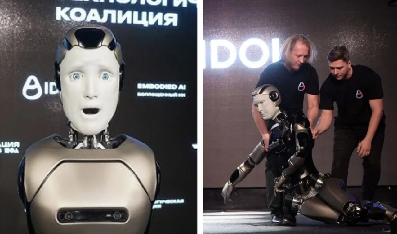 Russia’s humanoid robot AIdol falling face-first on stage during its debut performance in Moscow.