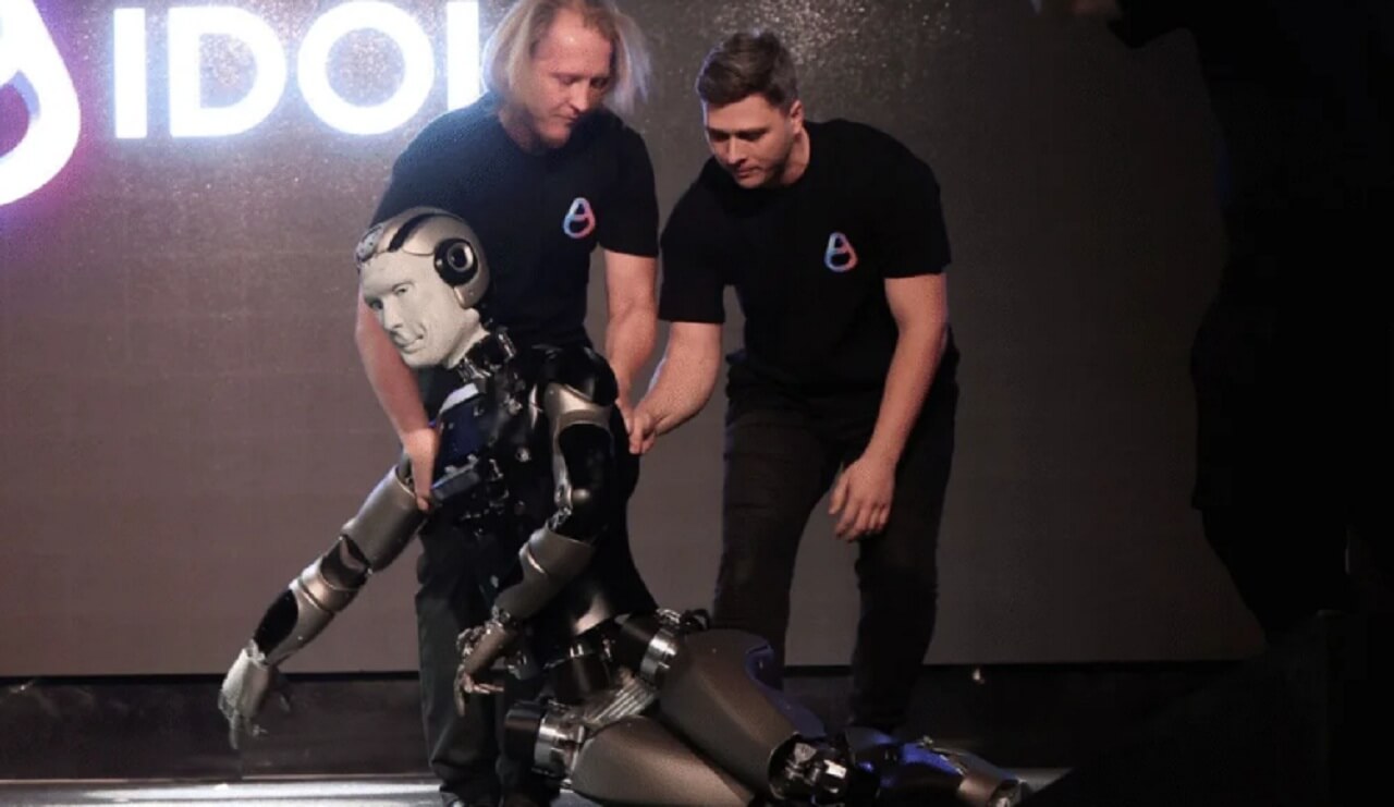 Russia’s humanoid robot AIdol falling face-first on stage during its debut performance in Moscow.