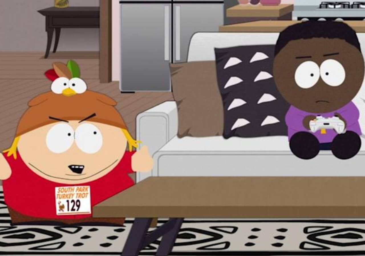Animated Pete Hegseth character descending from helicopter in South Park during parody sequence in Thanksgiving episode.