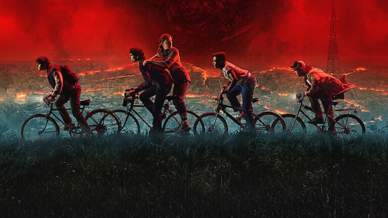 Stranger Things Season 5 poster showing Eleven, Vecna, and Hawkins torn apart by Upside Down gates.