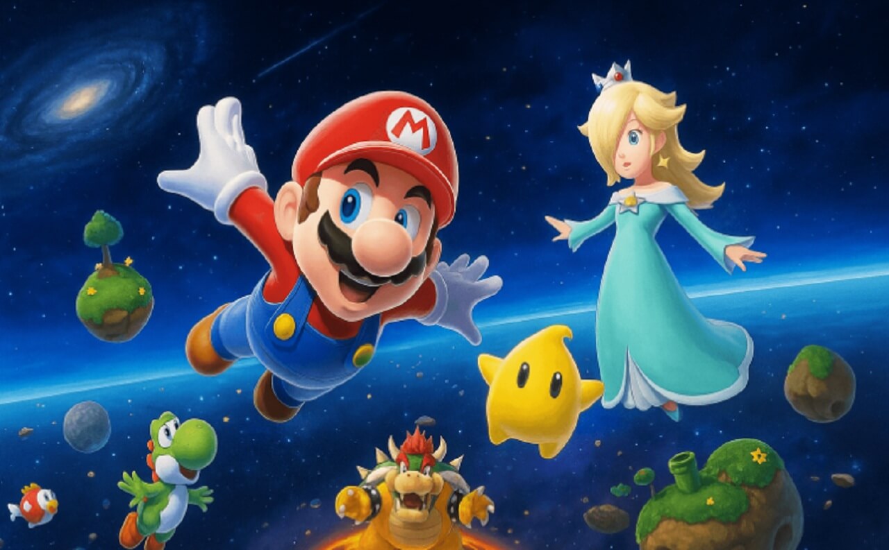 Official poster for The Super Mario Galaxy Movie featuring Mario, Princess Peach, Bowser, and Rosalina in a cosmic setting.