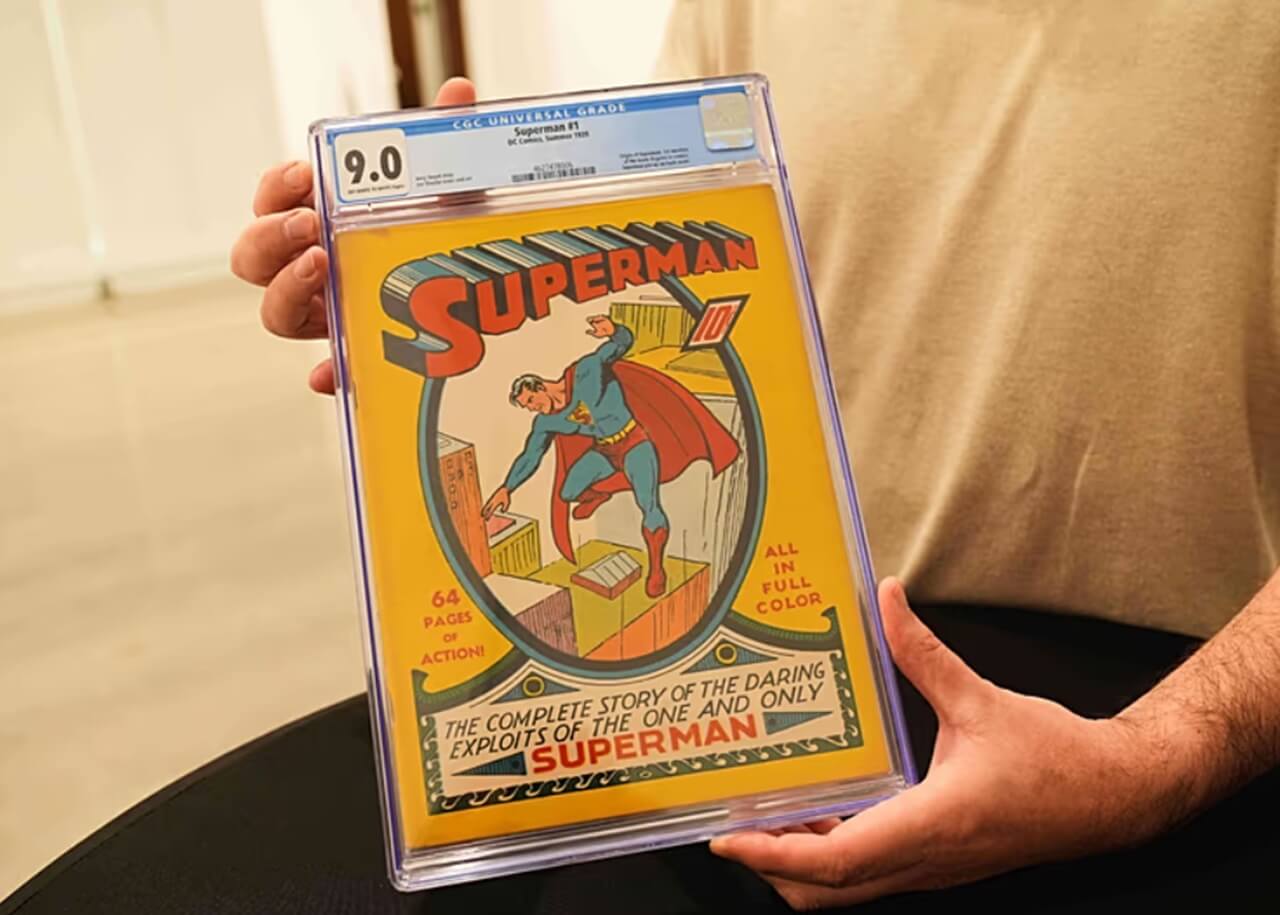 A rare 1939 Superman No. 1 comic displayed at Heritage Auctions before its record-breaking sale