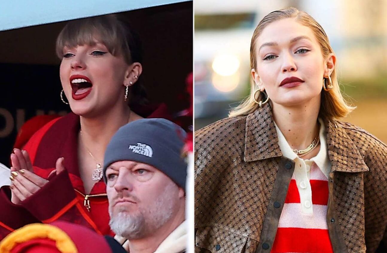 Taylor Swift in $425 beige and red Guest in Residence sweater supporting Travis Kelce at Chiefs game.
