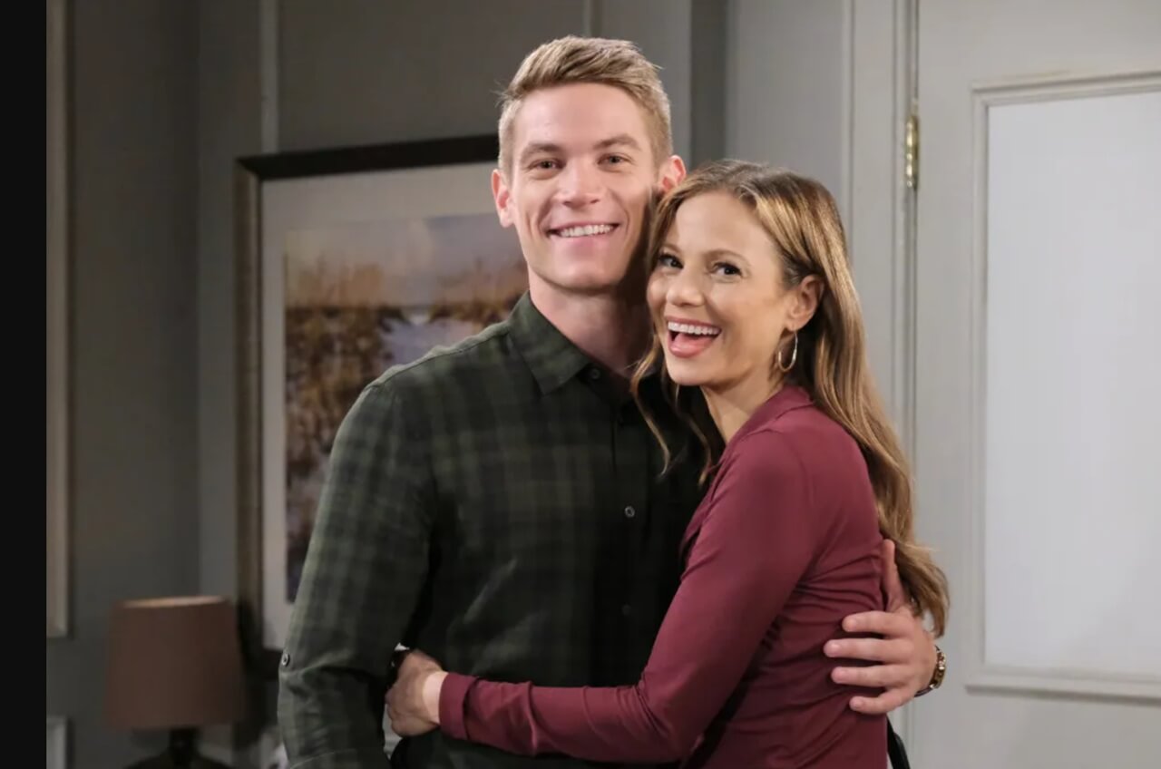 Lucas Adams and Tamara Braun on The Young and the Restless set discussing new affair storyline.