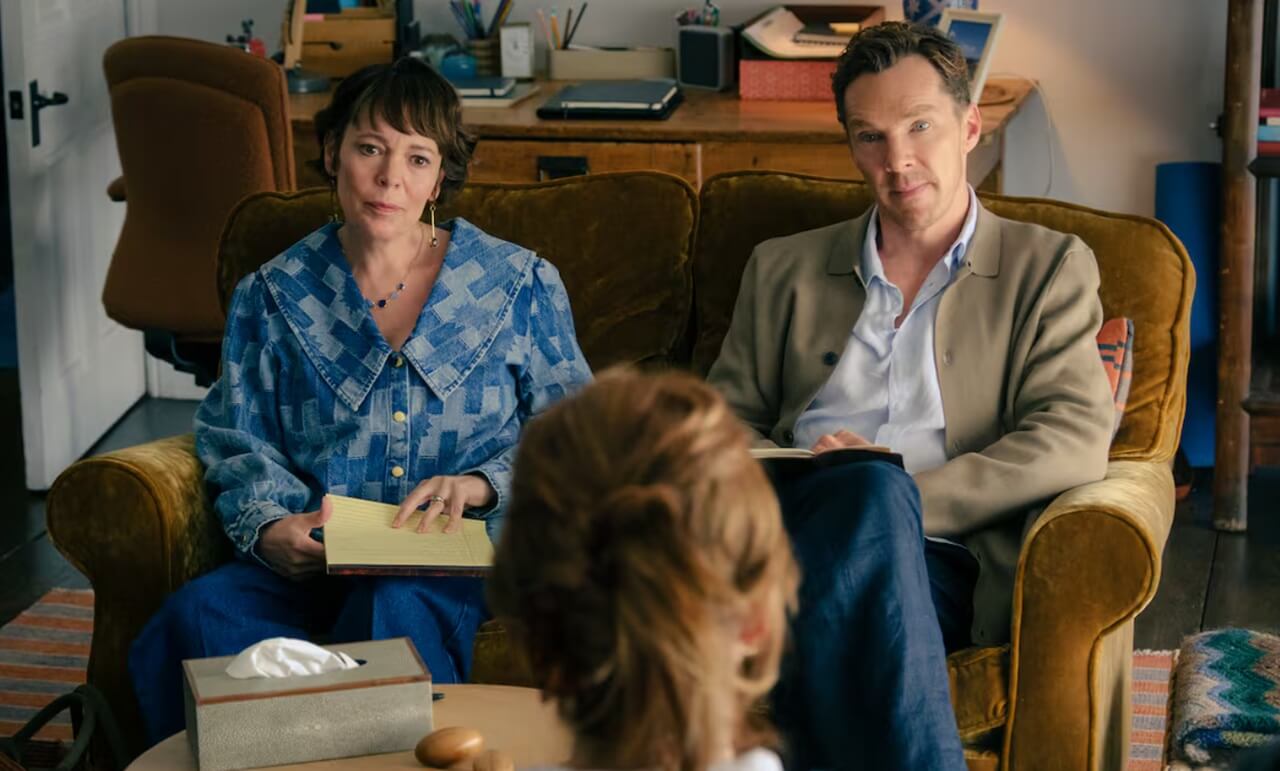 Benedict Cumberbatch and Olivia Colman in a scene from the film ‘The Roses