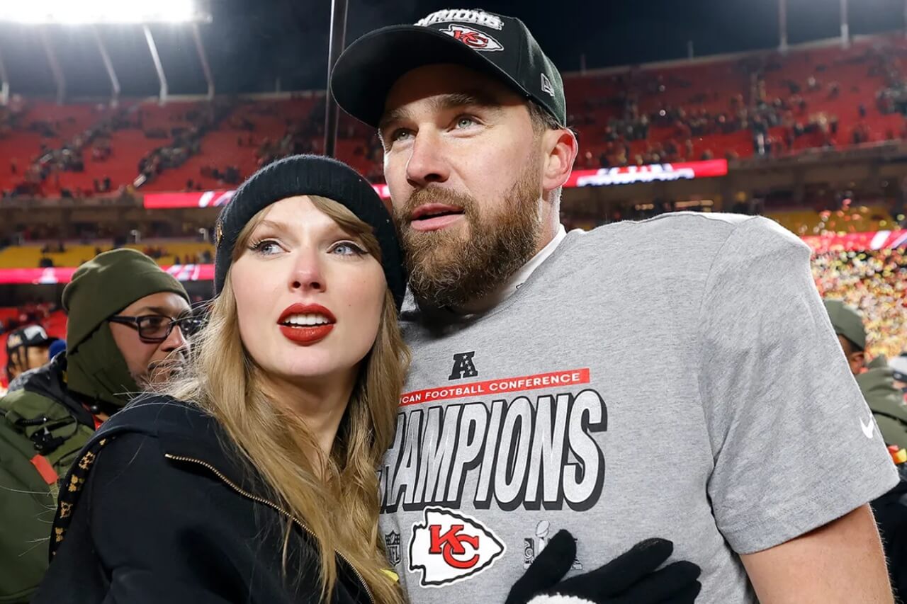 Travis Kelce hosting New Heights podcast, celebrating milestone with Taylor Swift.