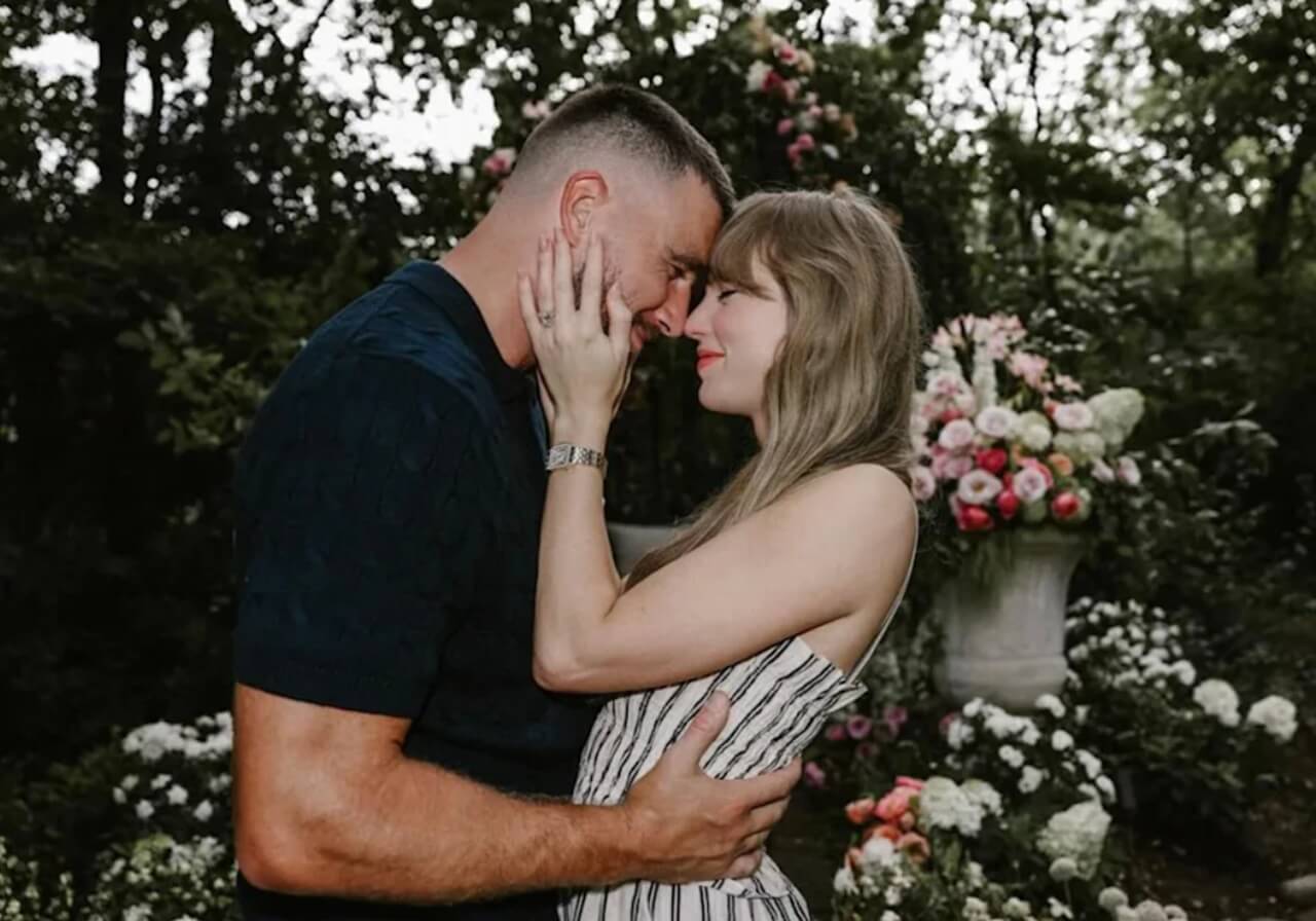 Taylor Swift and Travis Kelce holding hands outside amid wedding venue speculation.