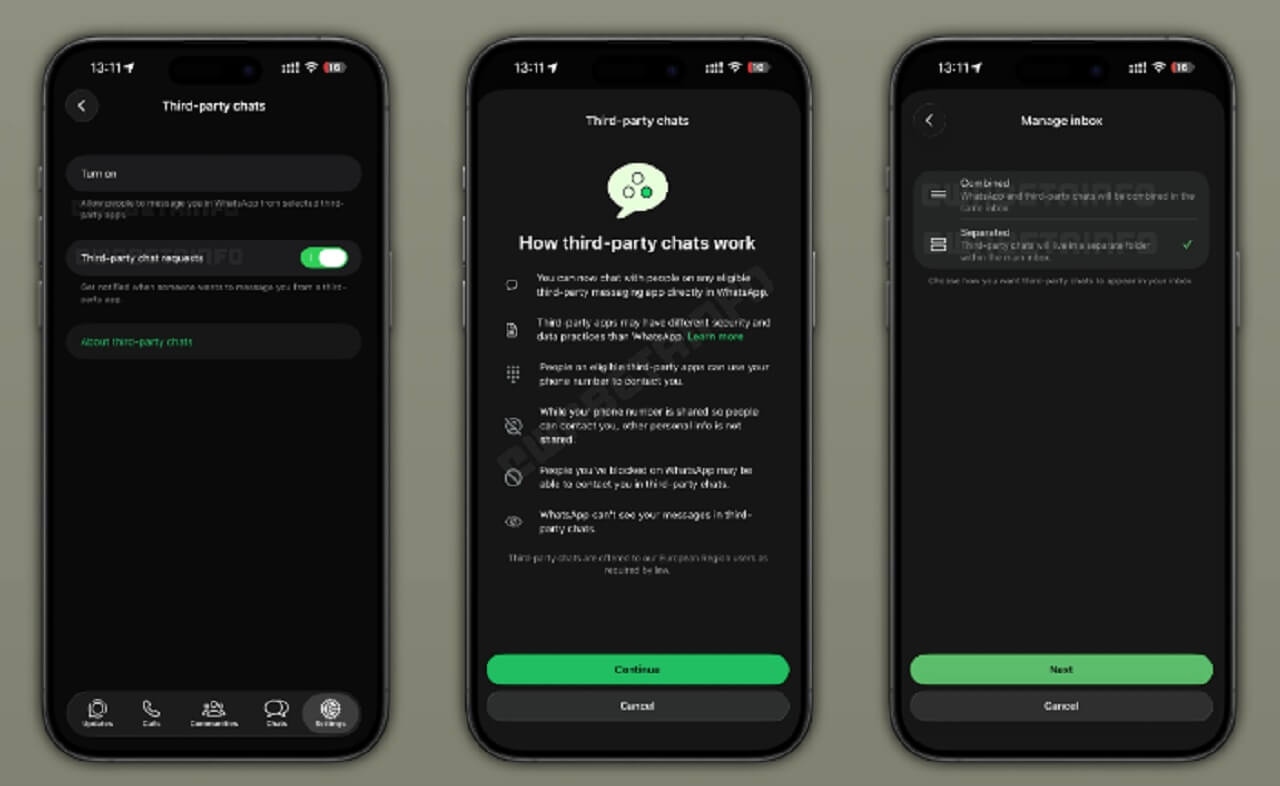 WhatsApp logo on smartphone screen with EU flag background, symbolizing shocking third-party chat update.
